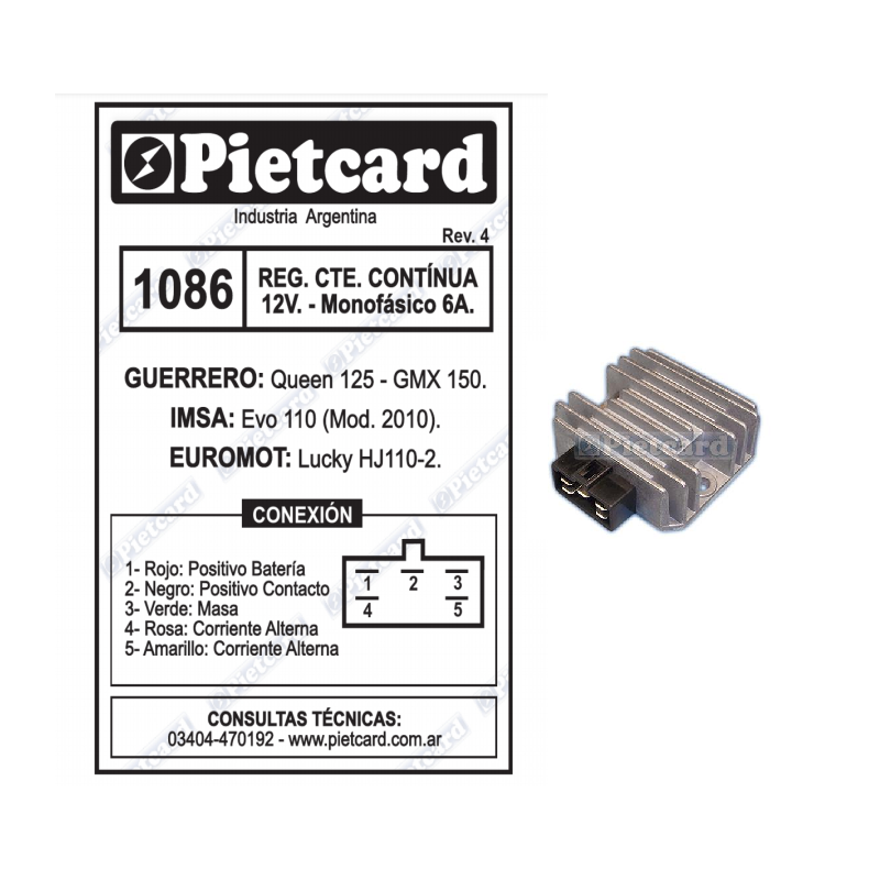 REGULADOR GUERRERO QUEEN 125- GMX 150 12v MONOFASICO 6A (PIETCARD)