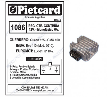 REGULADOR GUERRERO QUEEN 125- GMX 150 12v MONOFASICO 6A (PIETCARD)