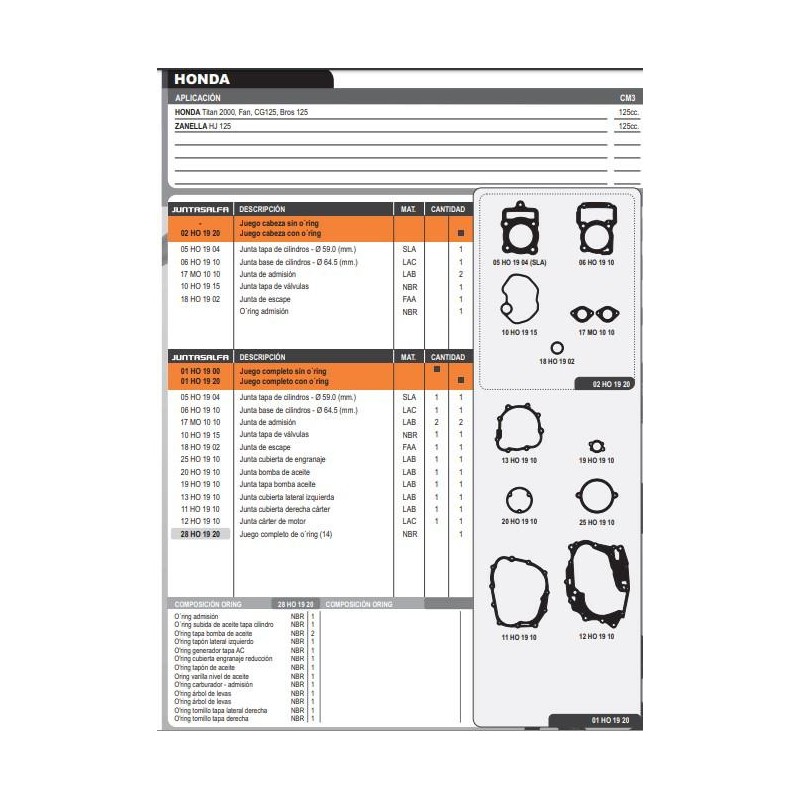 JUNTA MOTOR HONDA CG 125 FAN- TITAN 00- BROS 125 C- ORING (ALFA)