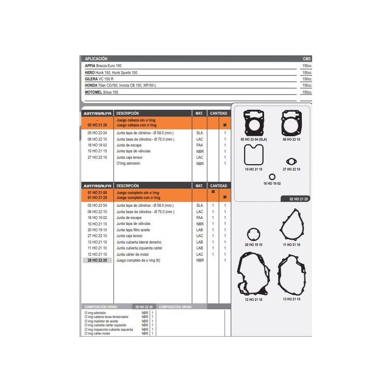 JUNTA MOTOR HONDA CG 150 TITAN-  XR 150L C- ORING