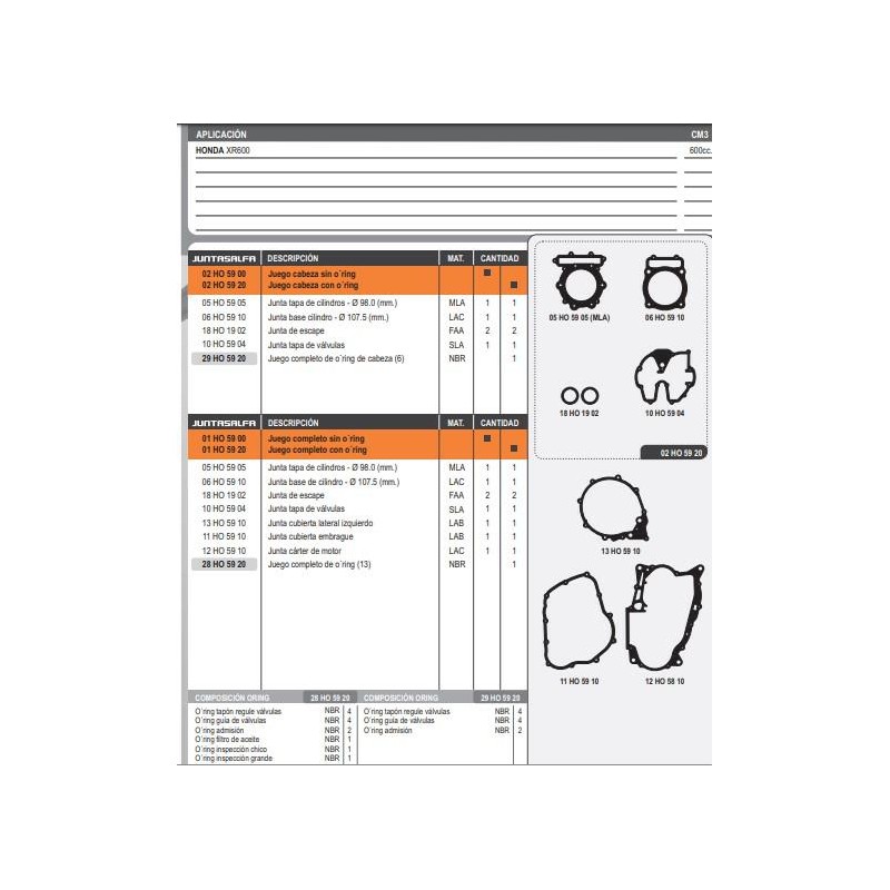 JUNTA MOTOR HONDA XR 600R C/O'RING (ALFA)