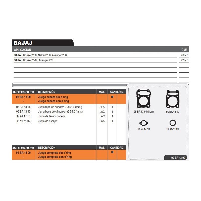 JUNTA CABEZA CILINDRO BAJAJ ROUSER 200-  220 S- ORING