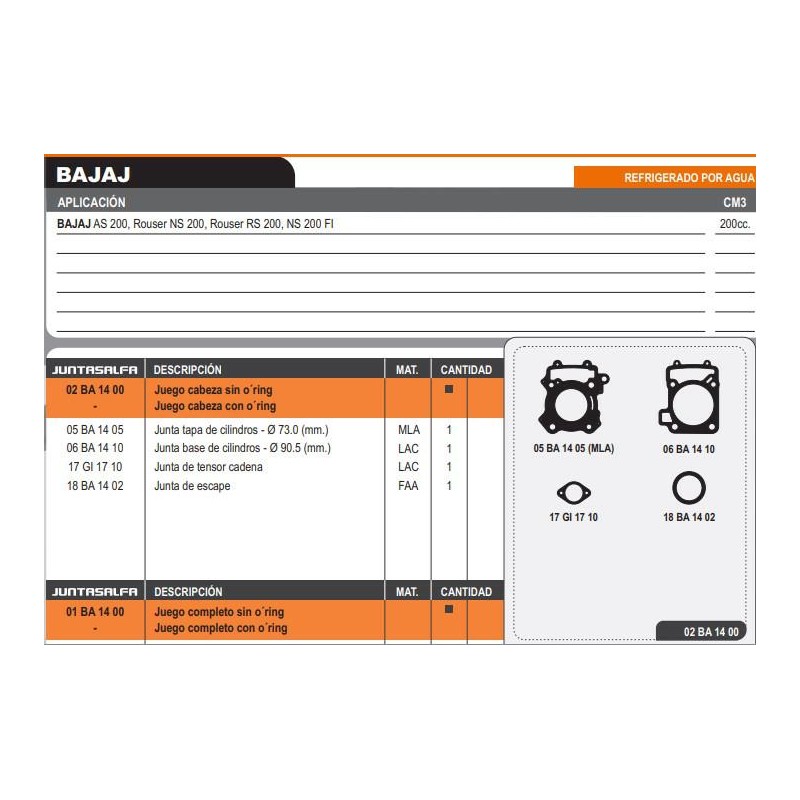 JUNTA CABEZA CILINDRO BAJAJ NS 200 S- ORING (ALFA) REF AGUA