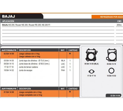 JUNTA CABEZA CILINDRO BAJAJ NS 200 S/O'RING (ALFA) REF AGUA