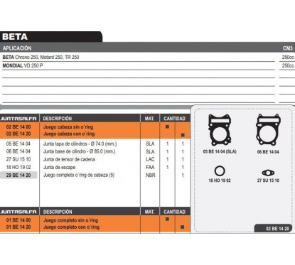 JUNTA CABEZA CILINDRO BETA MOTARD 250 S/O'RING