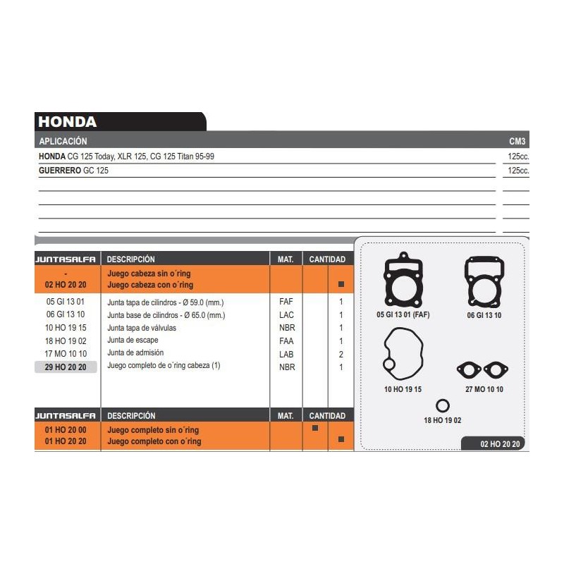 JUNTA CABEZA CILINDRO HONDA CG 125 TODAY- TITAN 95 C- ORING