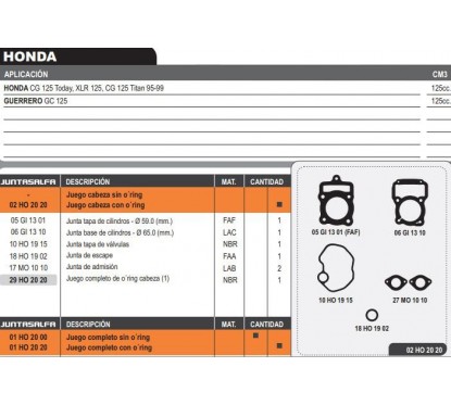 JUNTA CABEZA CILINDRO HONDA CG 125 TODAY- TITAN 95 C- ORING