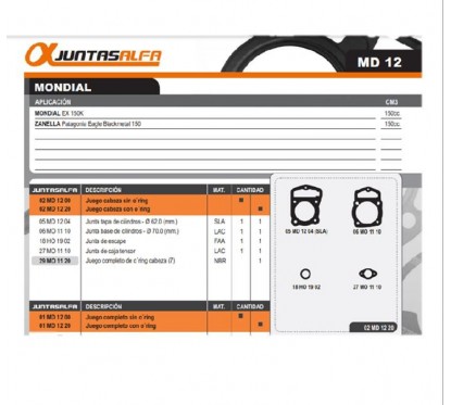 JUNTA CABEZA CILINDRO MONDIAL EX 150K C/O'RING