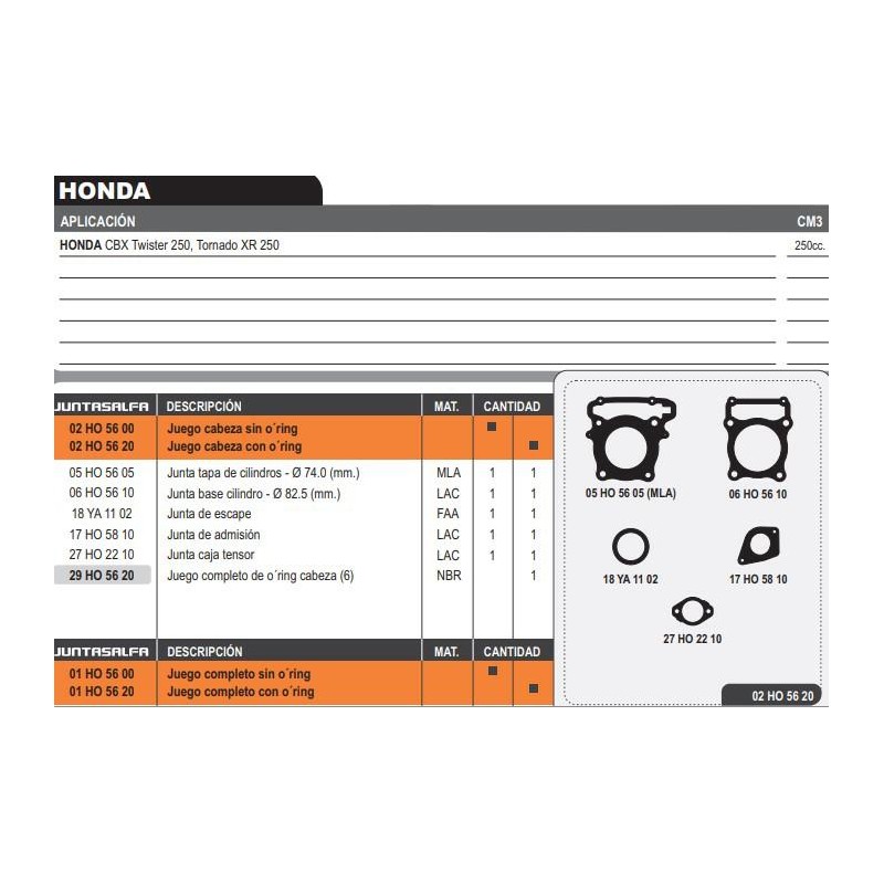 JUNTA CABEZA CILINDRO HONDA TWISTER-  TORNADO 290 S- ORING
