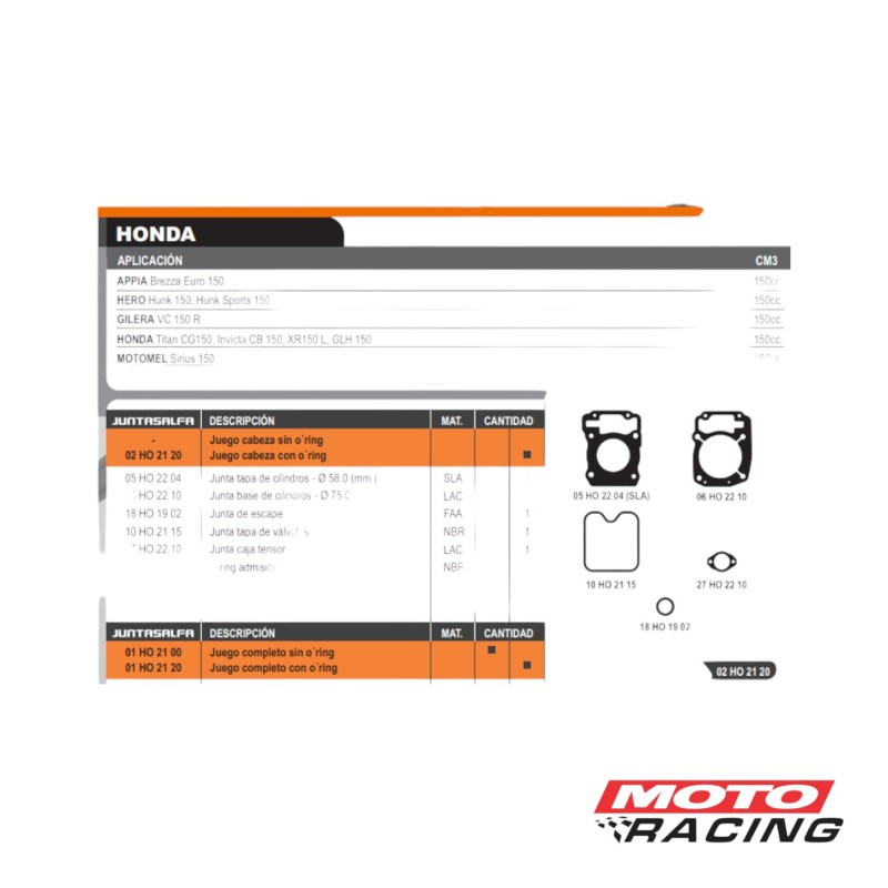 JUNTAS CABEZA CILINDRO HONDA CG TITAN 150 C/ORING (FORTE)