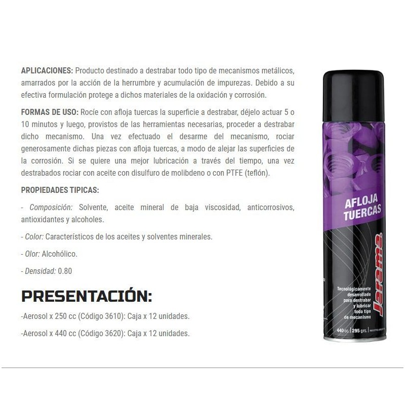 ACEITE AFLOJA TUERCA Y TORNILLOS 250cc AFLOJA TUERCA JARAMA