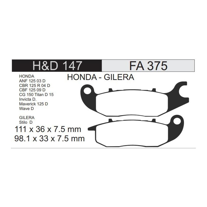 PASTILLA FRENO HONDA WAVE M-N/CBF 150 INVICTA/NEW TITAN (HADA)