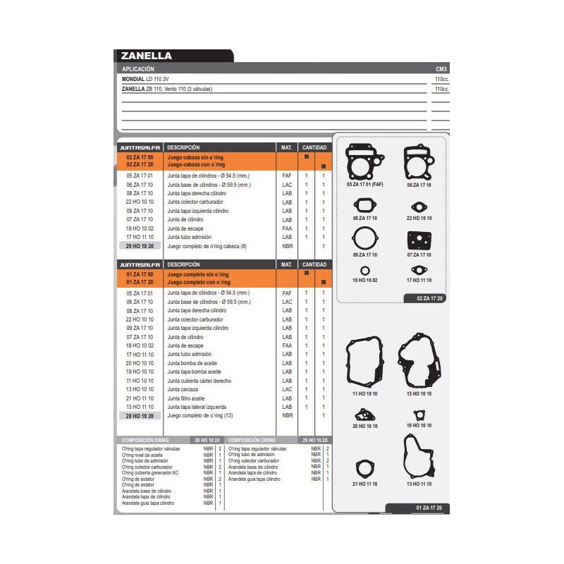 JUNTA MOTOR ZANELLA ZB / VENTO 110 3 VALVULAS C/O'RING