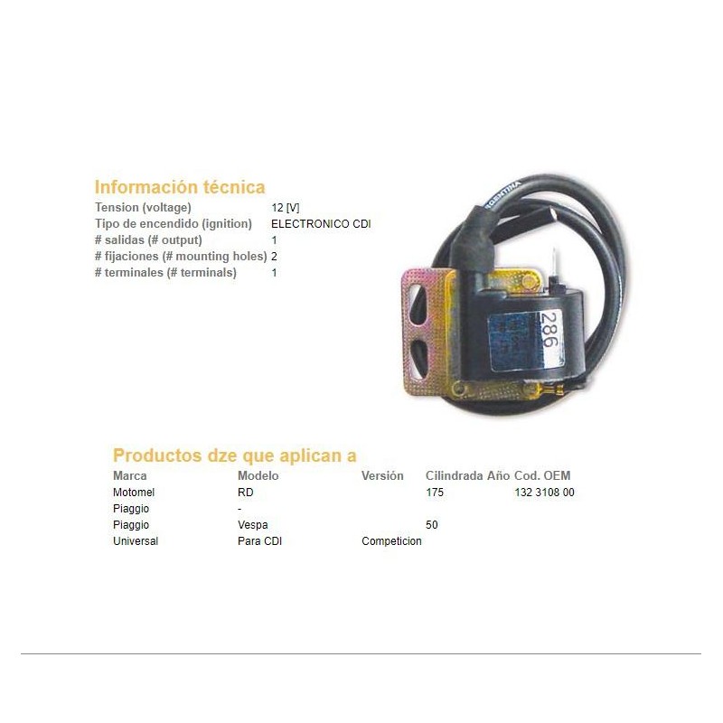 BOBINA ALTA MOTOMEL RD 175 C- ENC CDI (DZE)