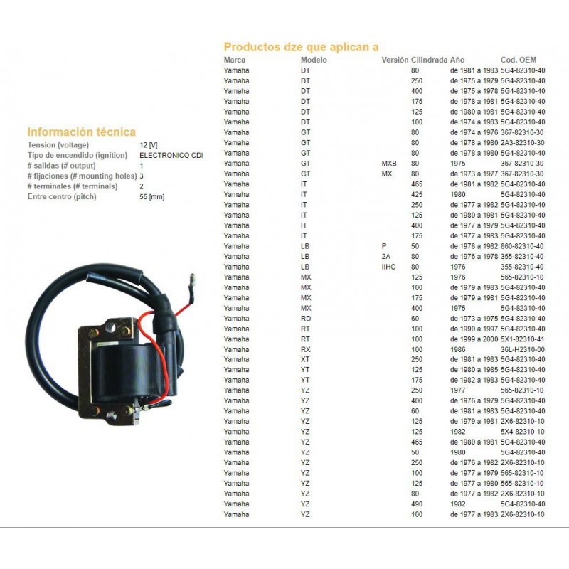 BOBINA ALTA YAMAHA DT 175 C- ENCENDIDO CDI (DZE)