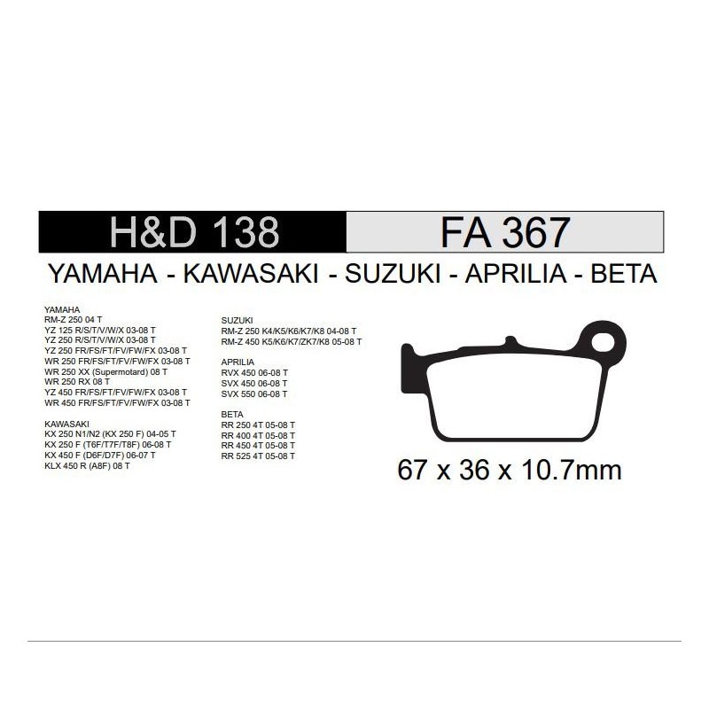 PASTILLA FRENO TRAS. YAMAHA YZ 250F FA367