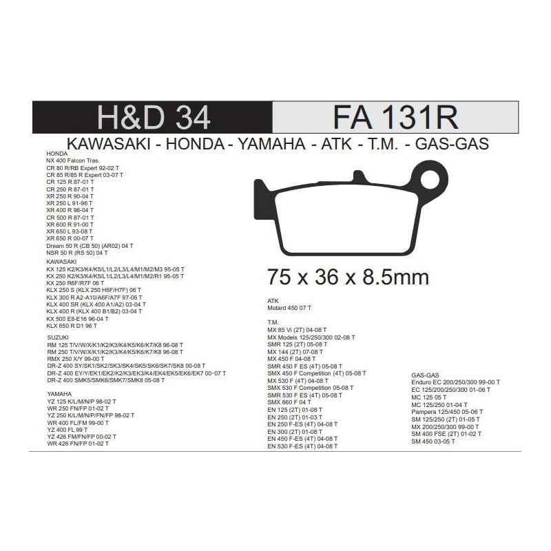 PASTILLA FRENO HONDA FALCON -  XRE 300 -  XR 250R TRASERA FA131R