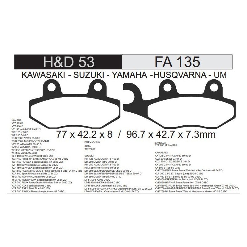 PASTILLA FRENO YAMAHA XTZ 125- 250 - DR 350 FA135 HD169