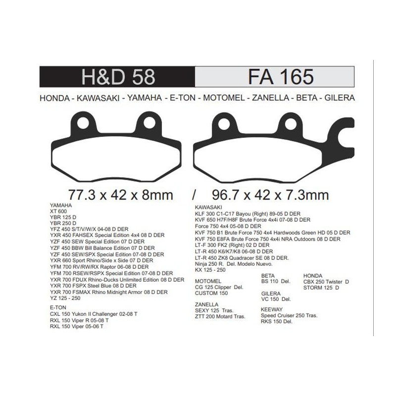 PASTILLA FRENO SUZUKI RM 125-  YBR 125 - 250 DELANTERO FA165