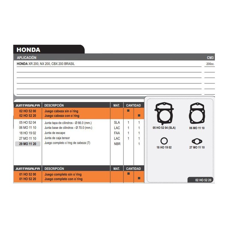 JUNTA CABEZA CILINDRO HONDA XR / NX / CBX 200 BRASIL  S/ORING