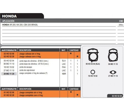 JUNTA CABEZA CILINDRO HONDA XR / NX / CBX 200 BRASIL  S/ORING