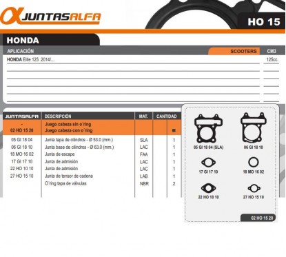 JUNTA CABEZA CILINDRO HONDA ELITE 125 '14 C/O'RING (ALFA)