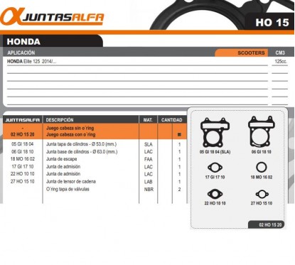 JUNTA CABEZA CILINDRO HONDA ELITE 125 14 C- ORING (ALFA)