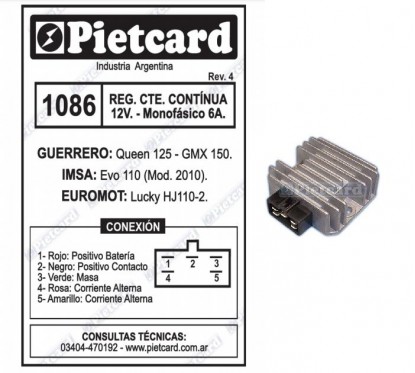 REGULADOR GUERRERO QUEEN 125- GMX 150 12v MONOFASICO 6A (PIETCARD)